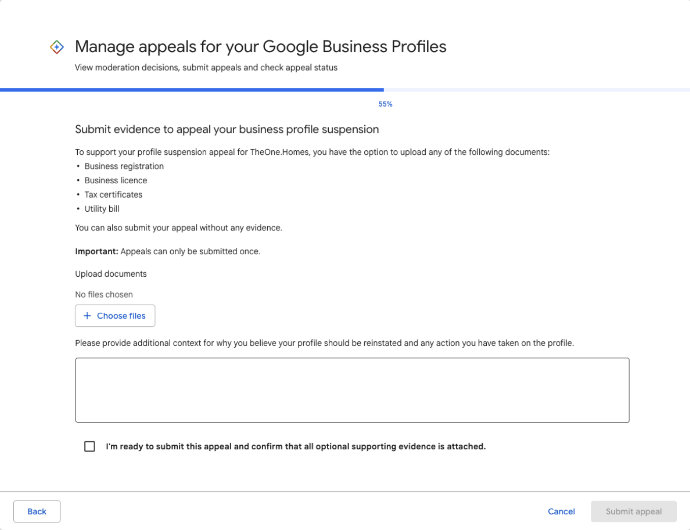 The Google Business Profile appeals tool evidence step, with a single multi-file upload button