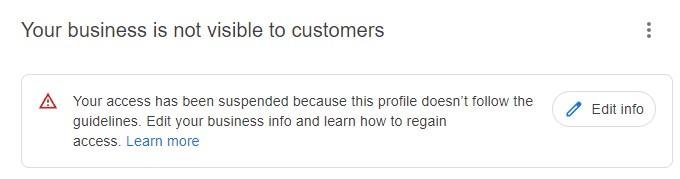 A message on a screen showing that a Google Business Profile has been suspended.
