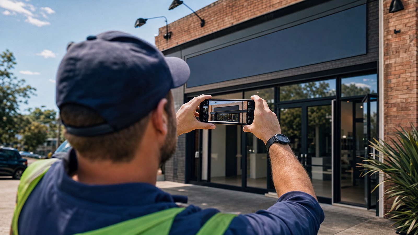 An Australian business owner photographing their own storefront with a smartphone for their Google Business Profile