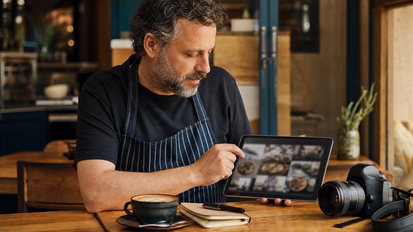 An Australian restaurant owner reviewing photo uploads on a tablet, with a DSLR camera and notebook beside them