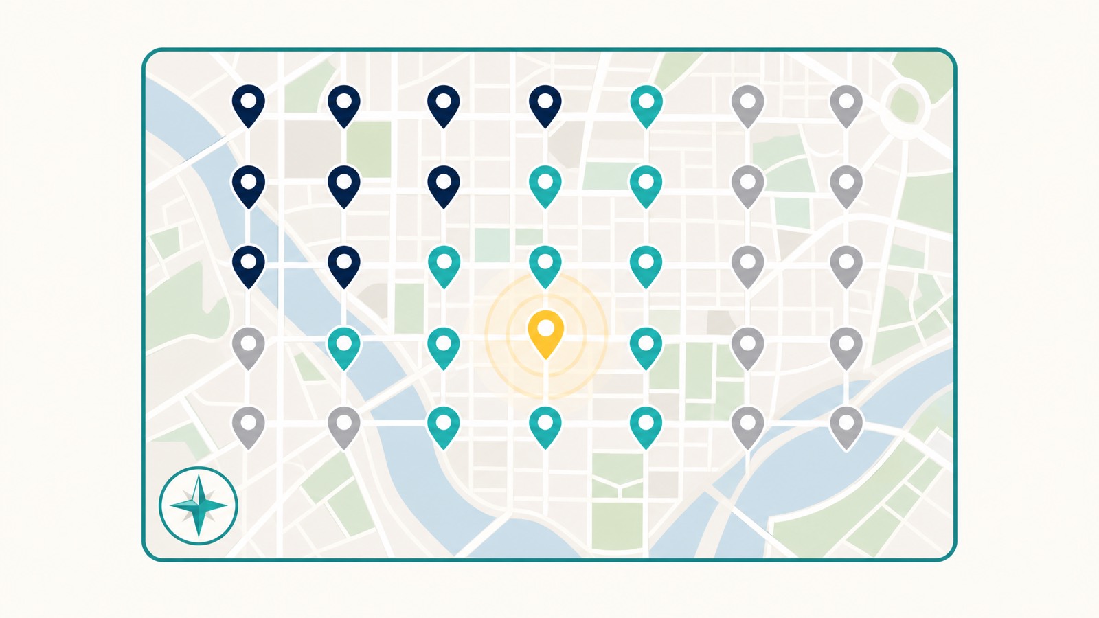 A geo-grid scan running across a city, coloured ranking pins overlaid on a map