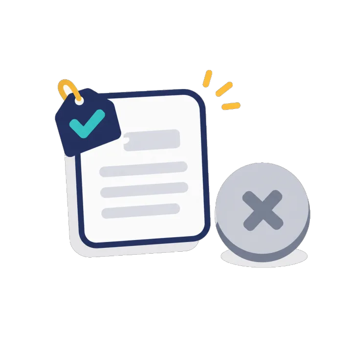 A document with a small ticked tag on its corner beside a large dim button with a cross