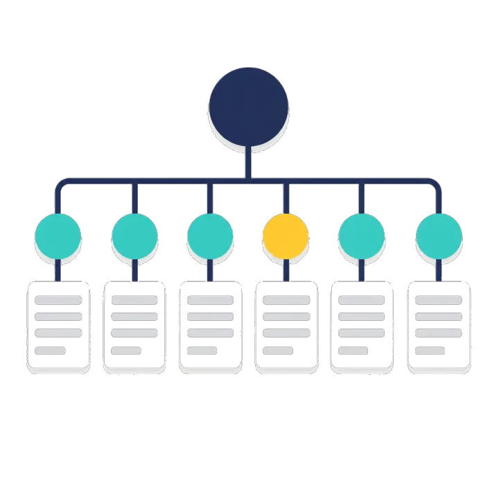 A single query node splitting into a tree of smaller nodes, each attached to a document card