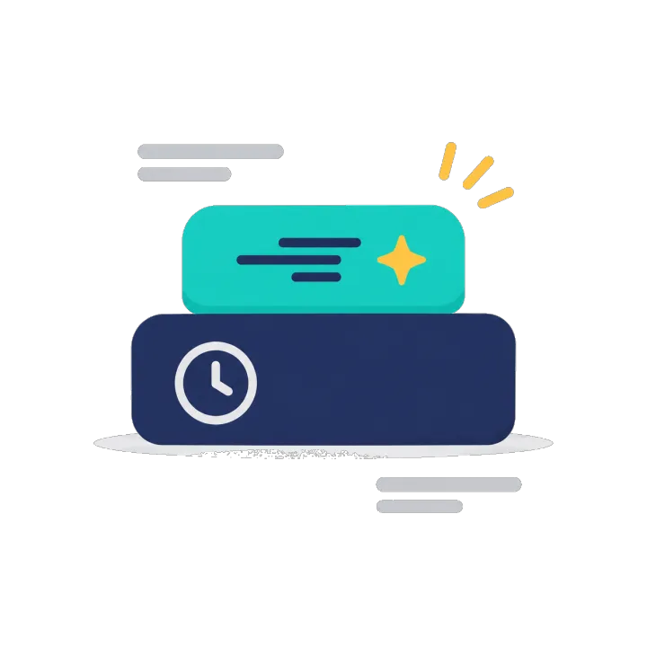 A heavy navy slab with a clock beneath a lighter teal slab with motion lines, slow model knowledge under fast retrieval