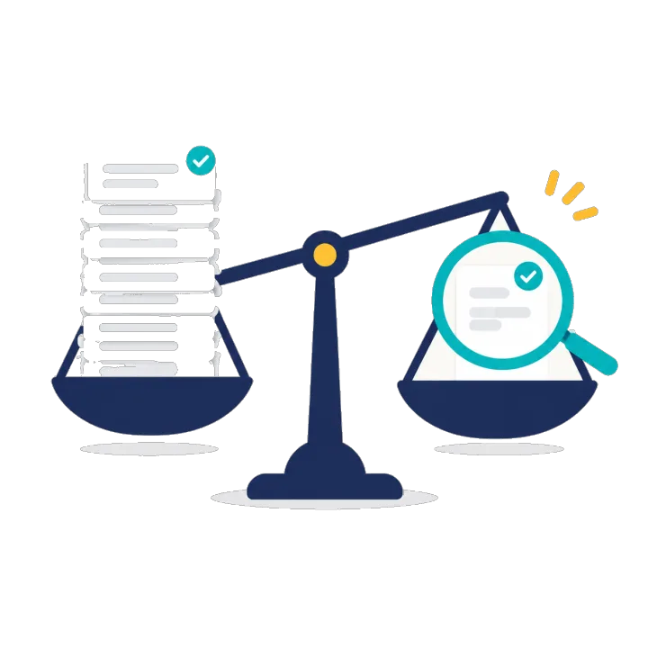 A balance scale weighing a tall stack of documents against one document under a magnifying glass