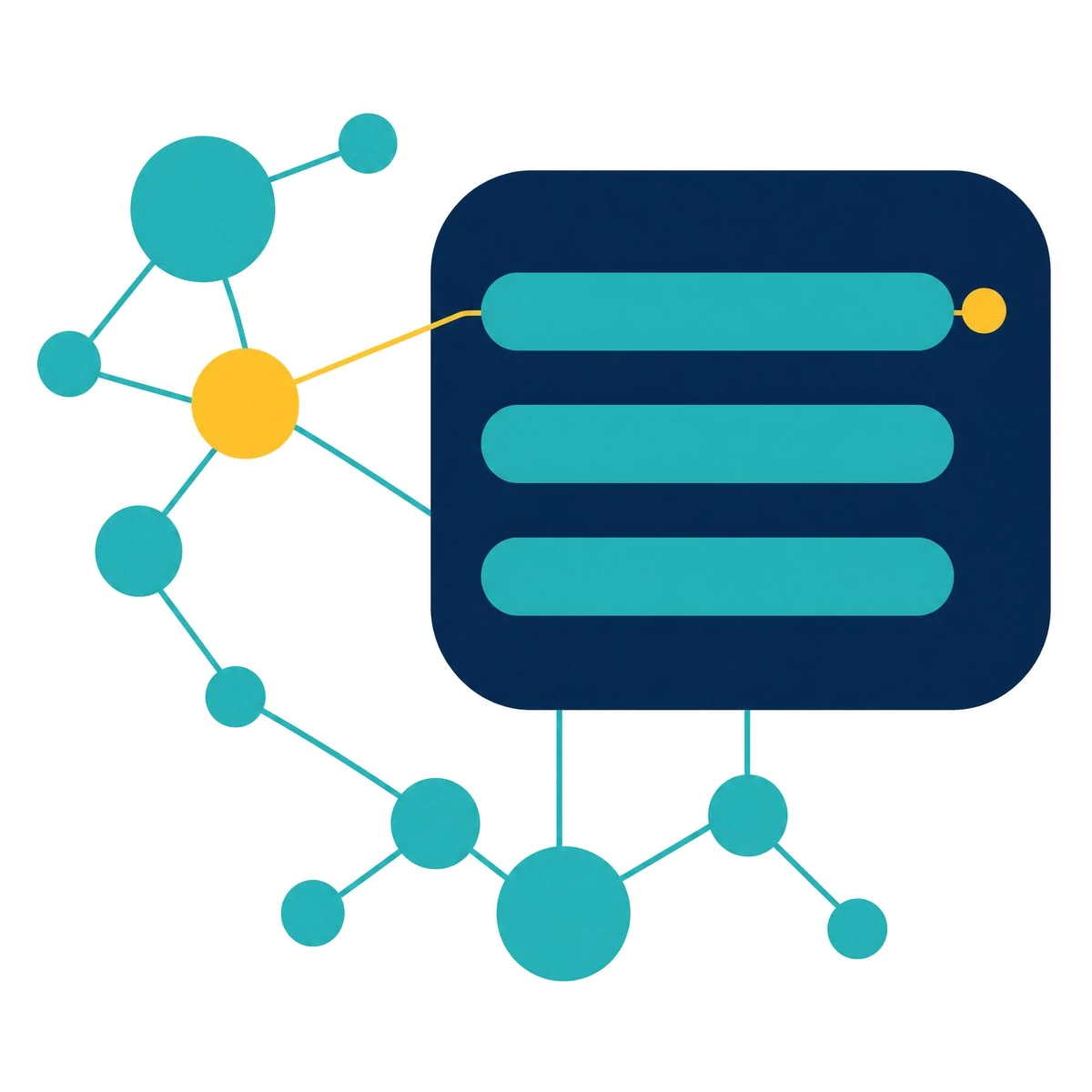 AI SEO: a network of sources feeding an AI answer panel, with one source cited in the answer