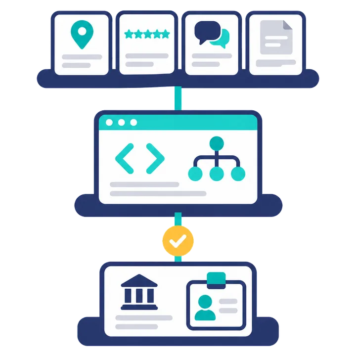 Three stacked layers joined by one line: a registry record and ID card at the base, a website with structured data in the middle, and map, review, discussion and document profiles on top