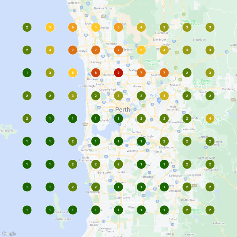 Geo-grid ranking report for the same Perth business after our Google Maps SEO work — most grid points green, indicating top-three positions across the service area
