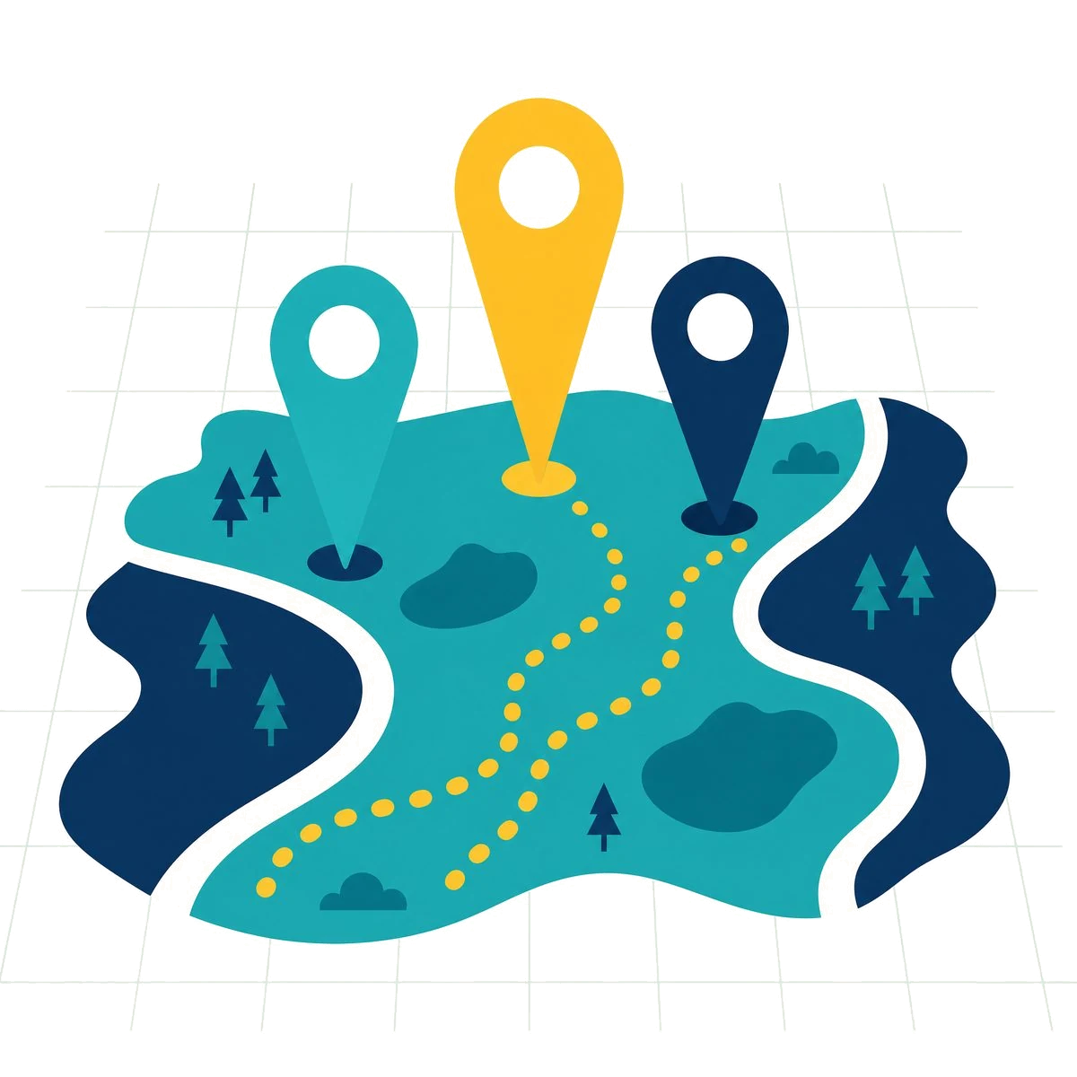 Google Maps SEO: three map pins ranked like a podium across a suburb map, the top position highlighted