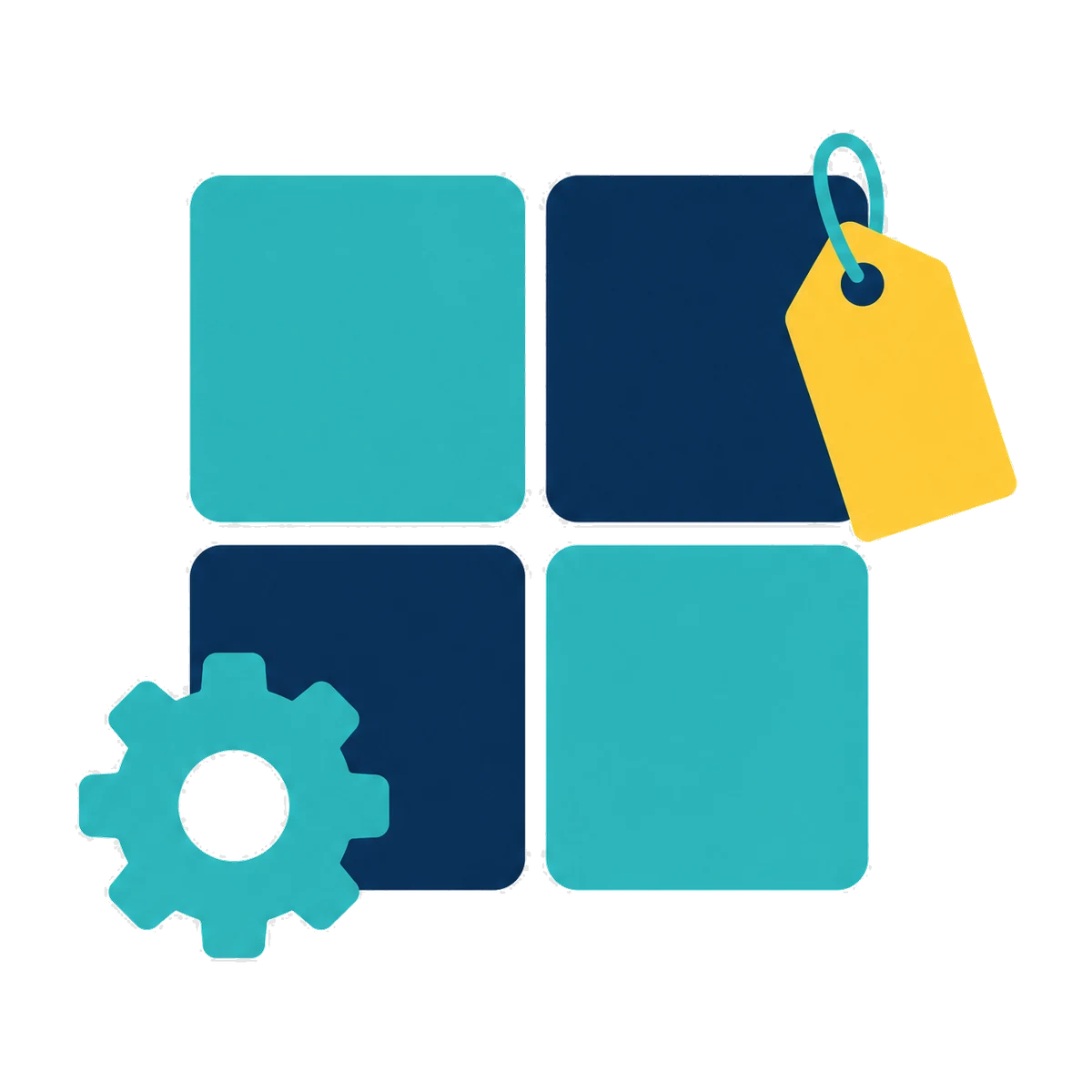 Google Merchant Center and Shopping setup: a grid of product tiles with a price tag and a gear
