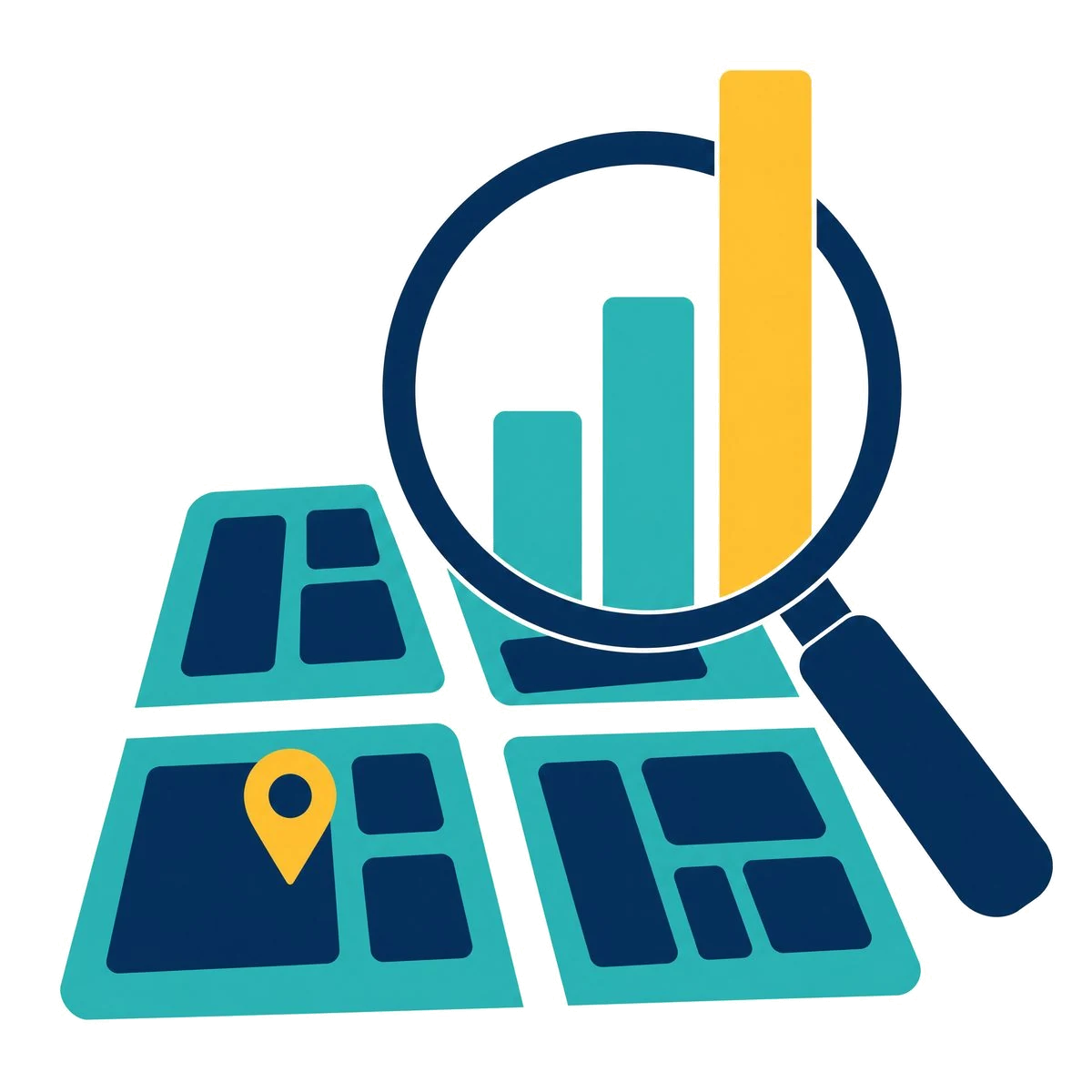 Local search visibility: a magnifying glass over a suburb block plan showing rising rankings and a map pin