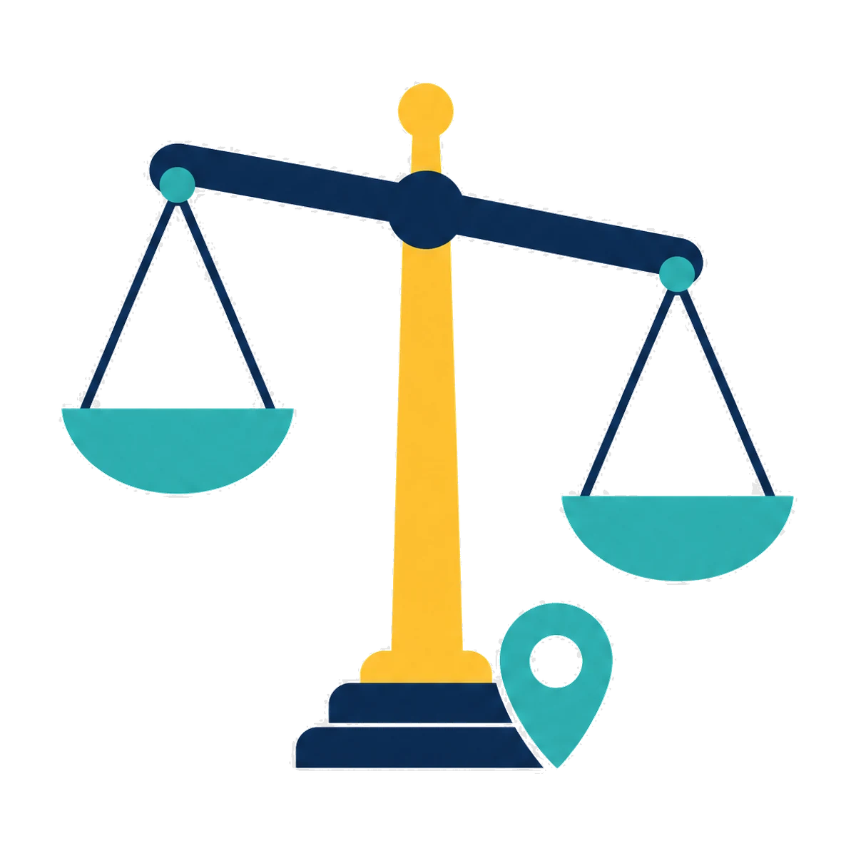 Local SEO for lawyers: balance scales with a map pin, marking a firm in local search
