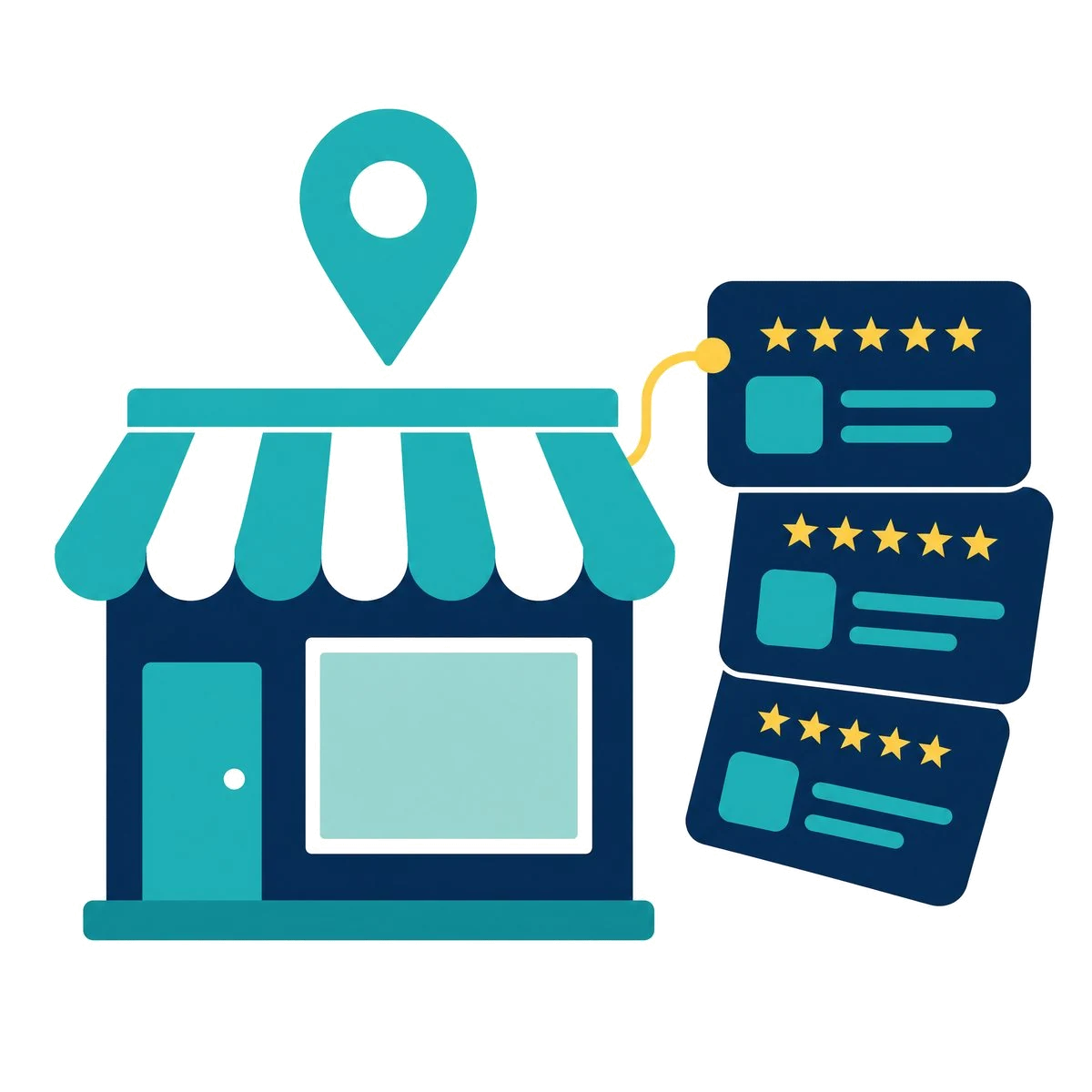 Local SEO services: a shopfront with a map pin above it, linked to its listings and star ratings