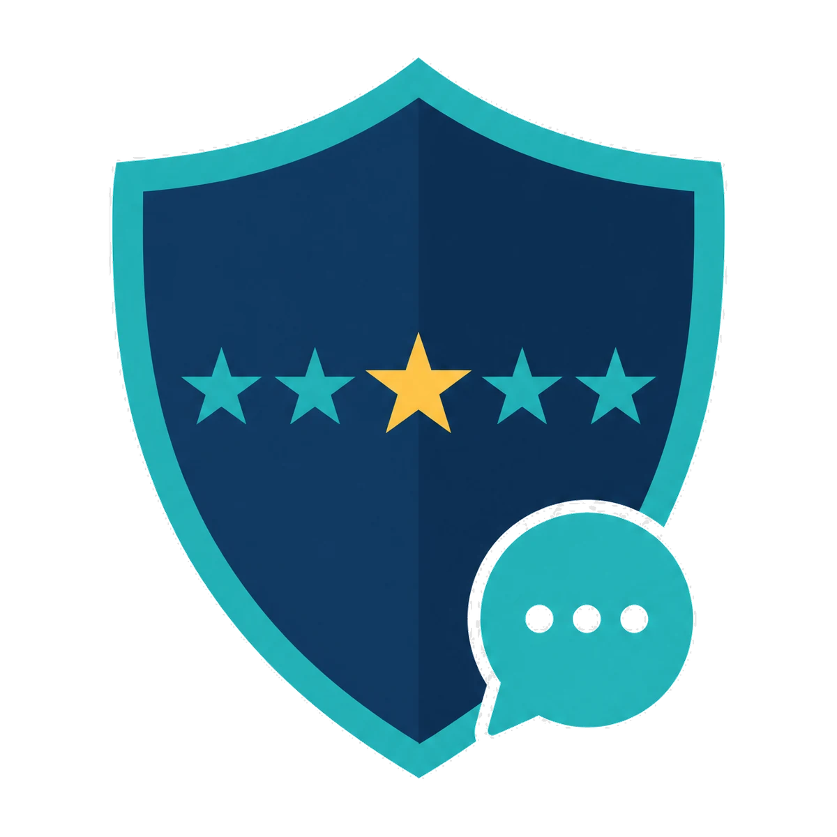 Online reputation management: a shield carrying a five star rating with a review bubble