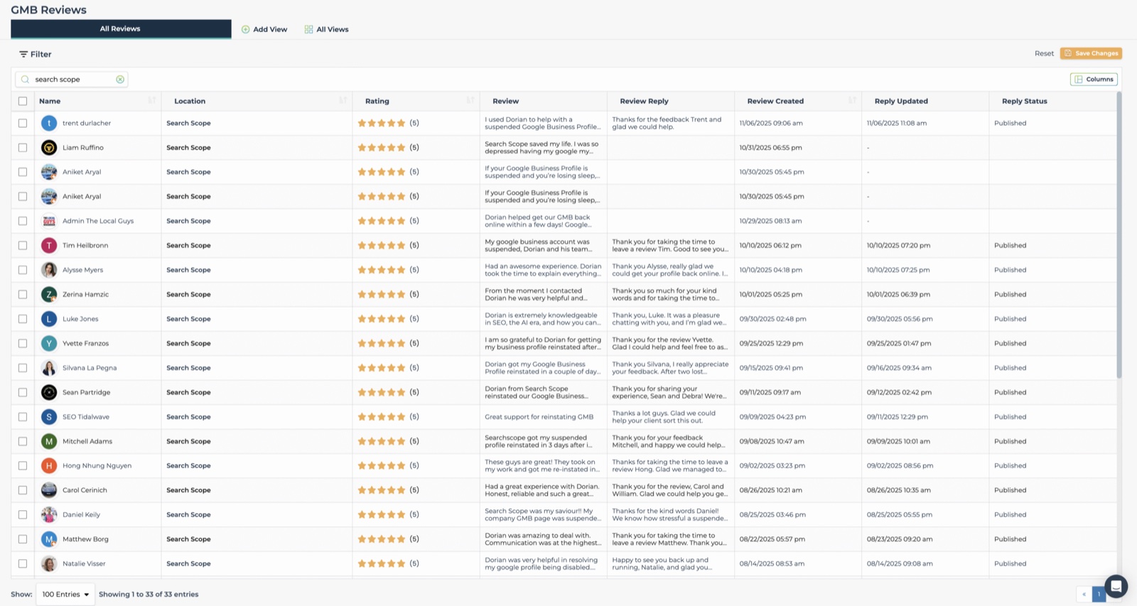 Leadsnap archive: the full list of Search Scope GBP reviews, with named clients, star ratings and replies, captured before Google removed them