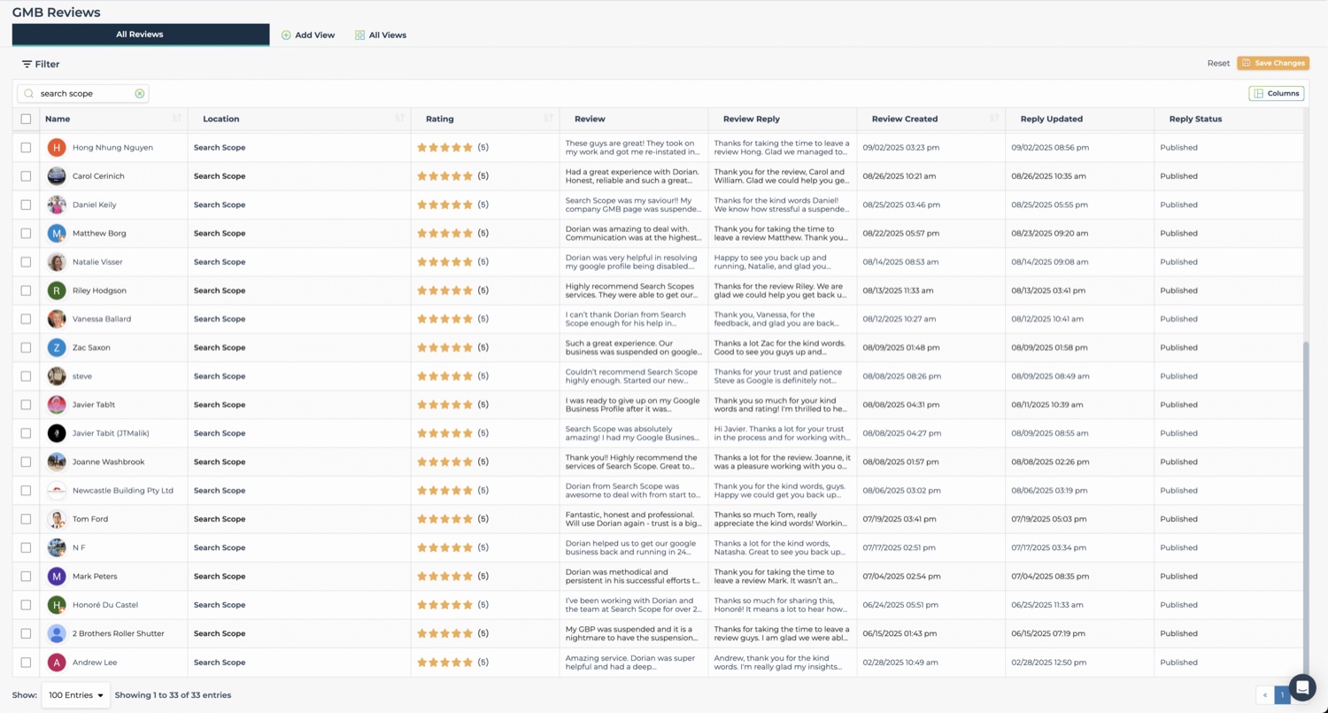 Leadsnap archive: 5-star reviews from named Search Scope clients, captured before Google removed them