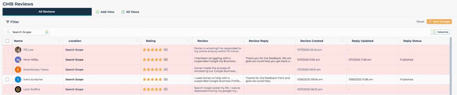 Leadsnap archive: Search Scope client reviews showing star ratings, review text and reply status