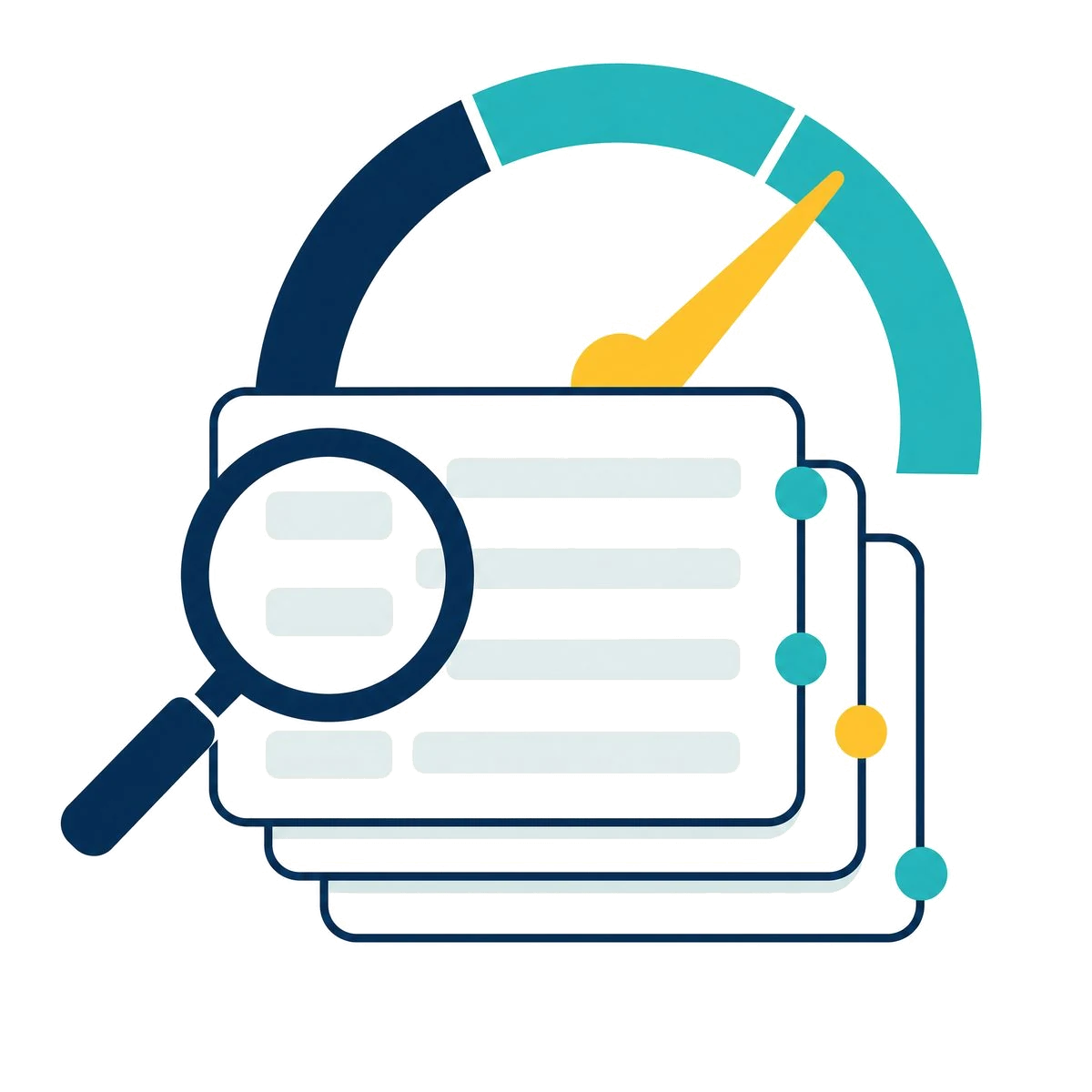 SEO audit: a magnifying glass over a stack of page reports with flagged findings and a scoring gauge