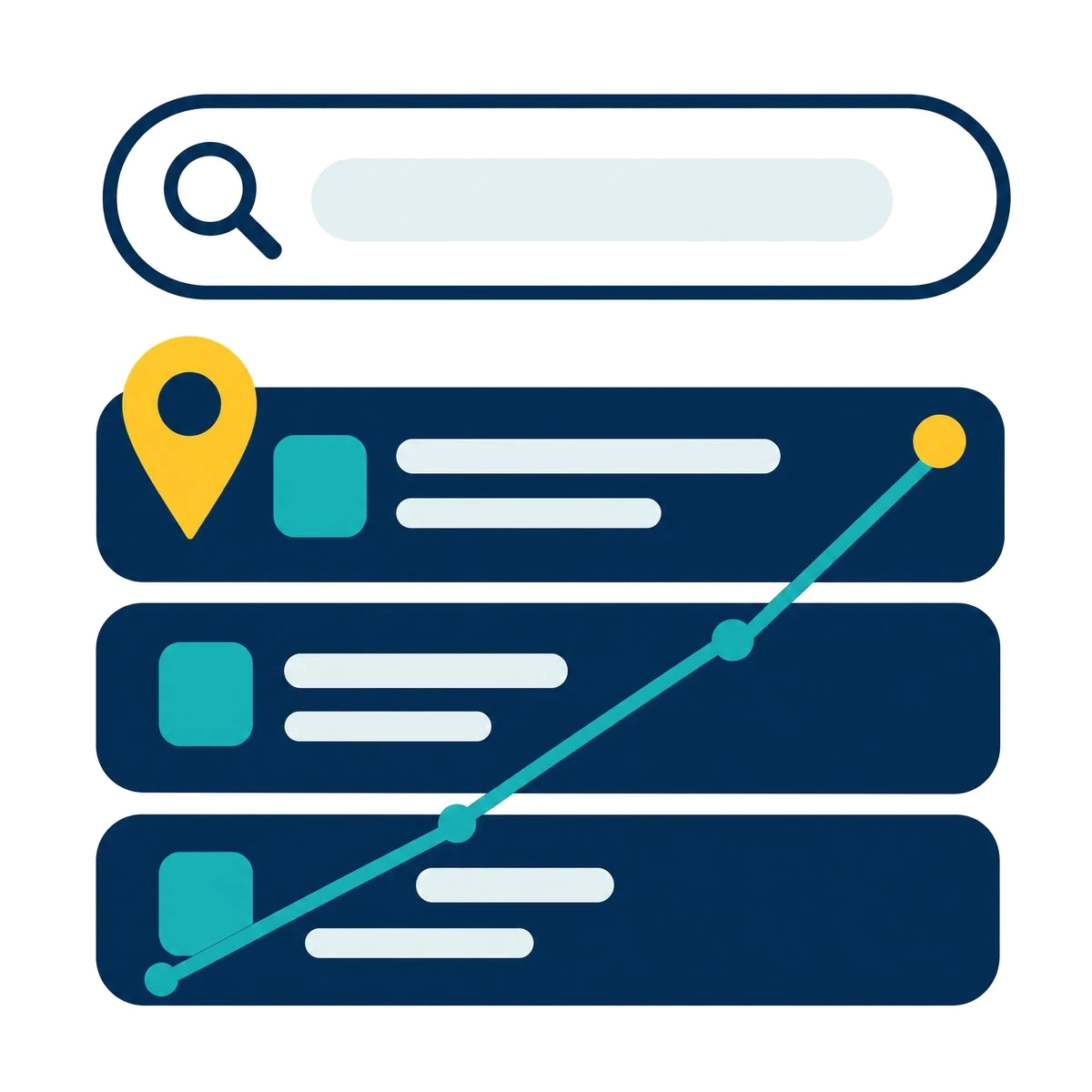 SEO for Perth: a search field above ranked result cards, with a map pin on the top result and a rising trend line