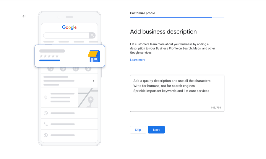 Google profile setup for business description customization