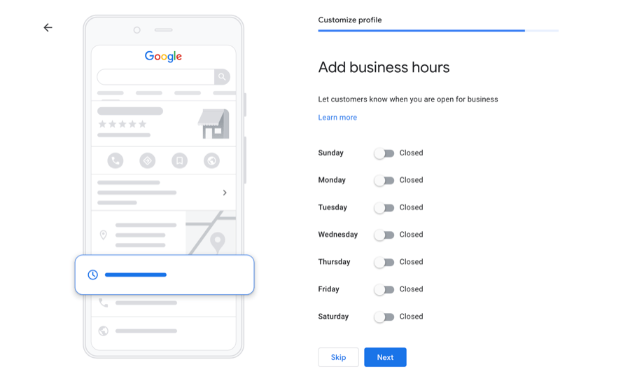 Set business hours on Google profile interface.