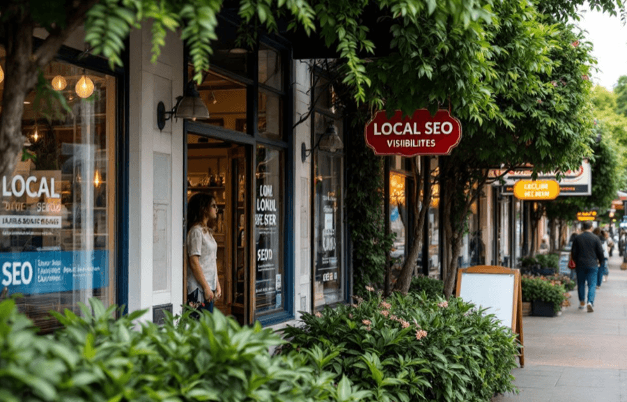 Local business with SEO sign on busy street.
