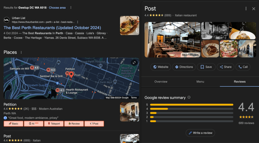 Map and reviews of Perth restaurants, modern Australian and Italian.
