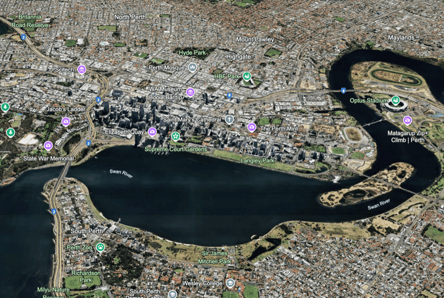 Aerial view of Perth, Swan River visible.