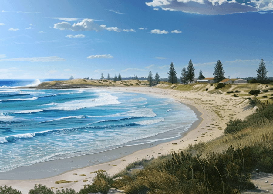 Sunny beach with waves and distant trees