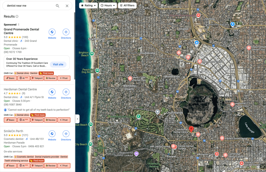 Map showing dentists near Scarborough, Perth, Australia.
