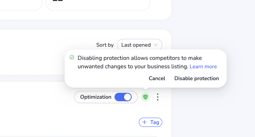 Screenshot of business listing protection disable prompt