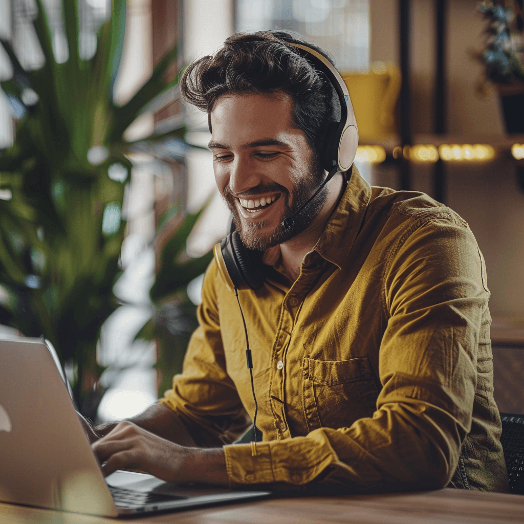 Smiling man with headphones on laptop