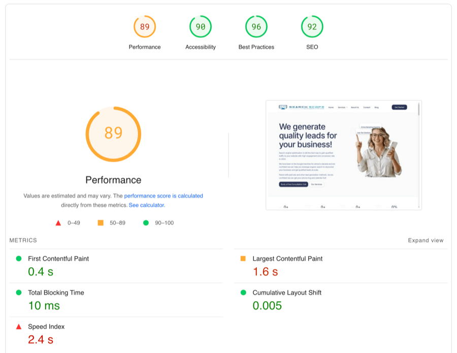 Website performance SEO accessibility scores overview