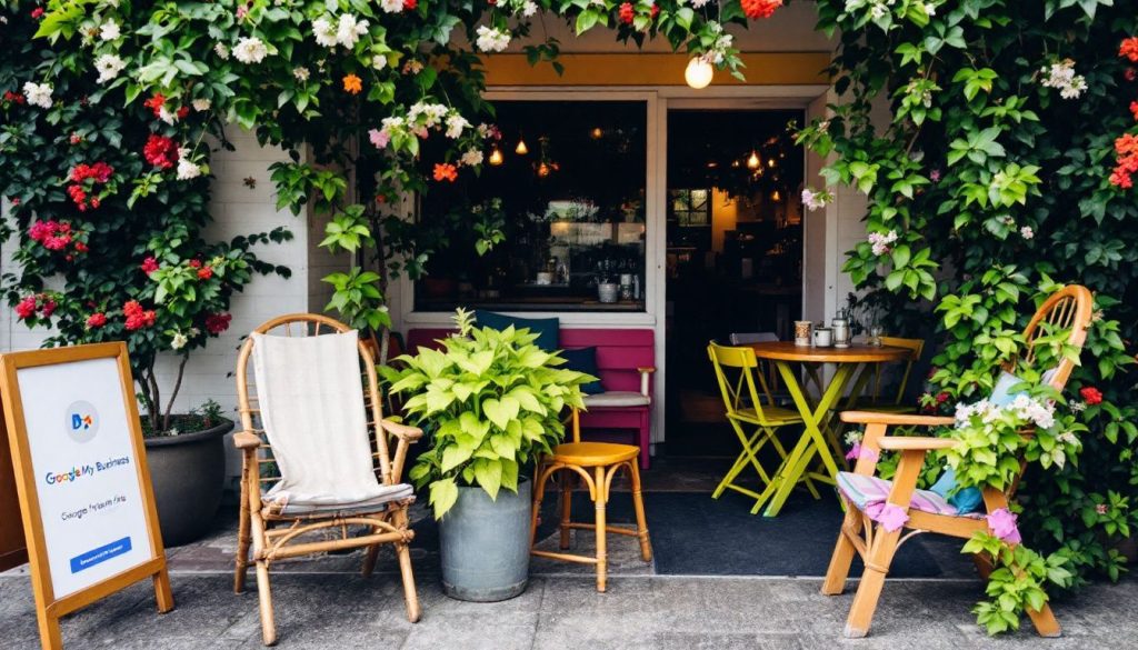 Cozy cafe exterior with plants and chairs.