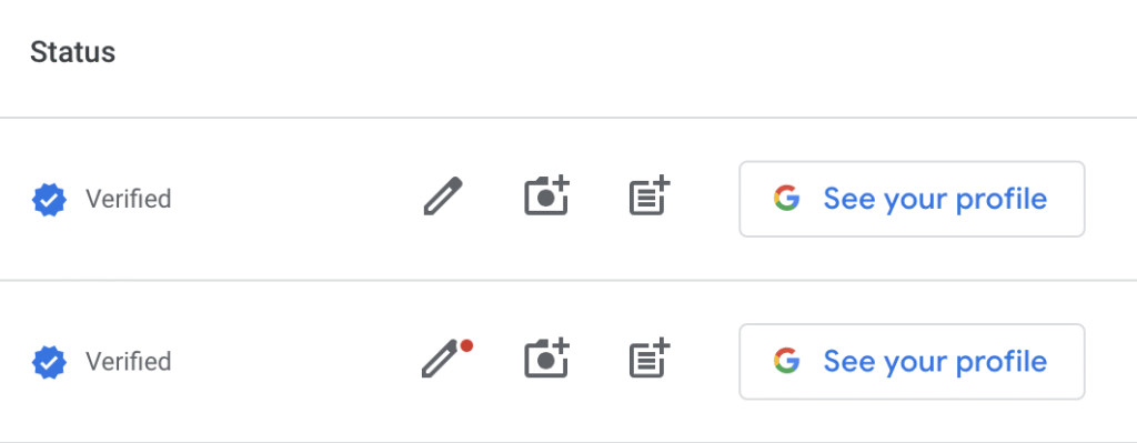 Profile status options with verified icon and edit buttons