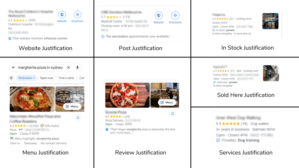 Examples of Google search justifications for businesses.