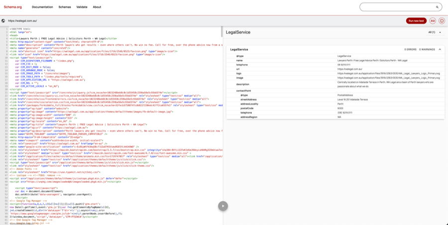 Schema.org LegalService validation screenshot.