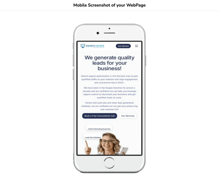 Mobile webpage promoting lead generation services.