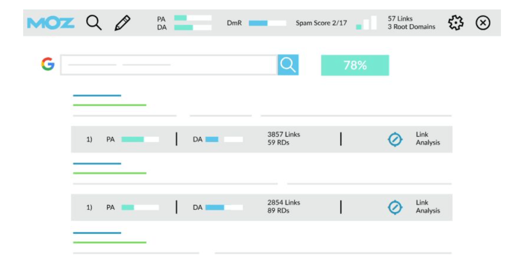 SEO tool interface with link analysis metrics