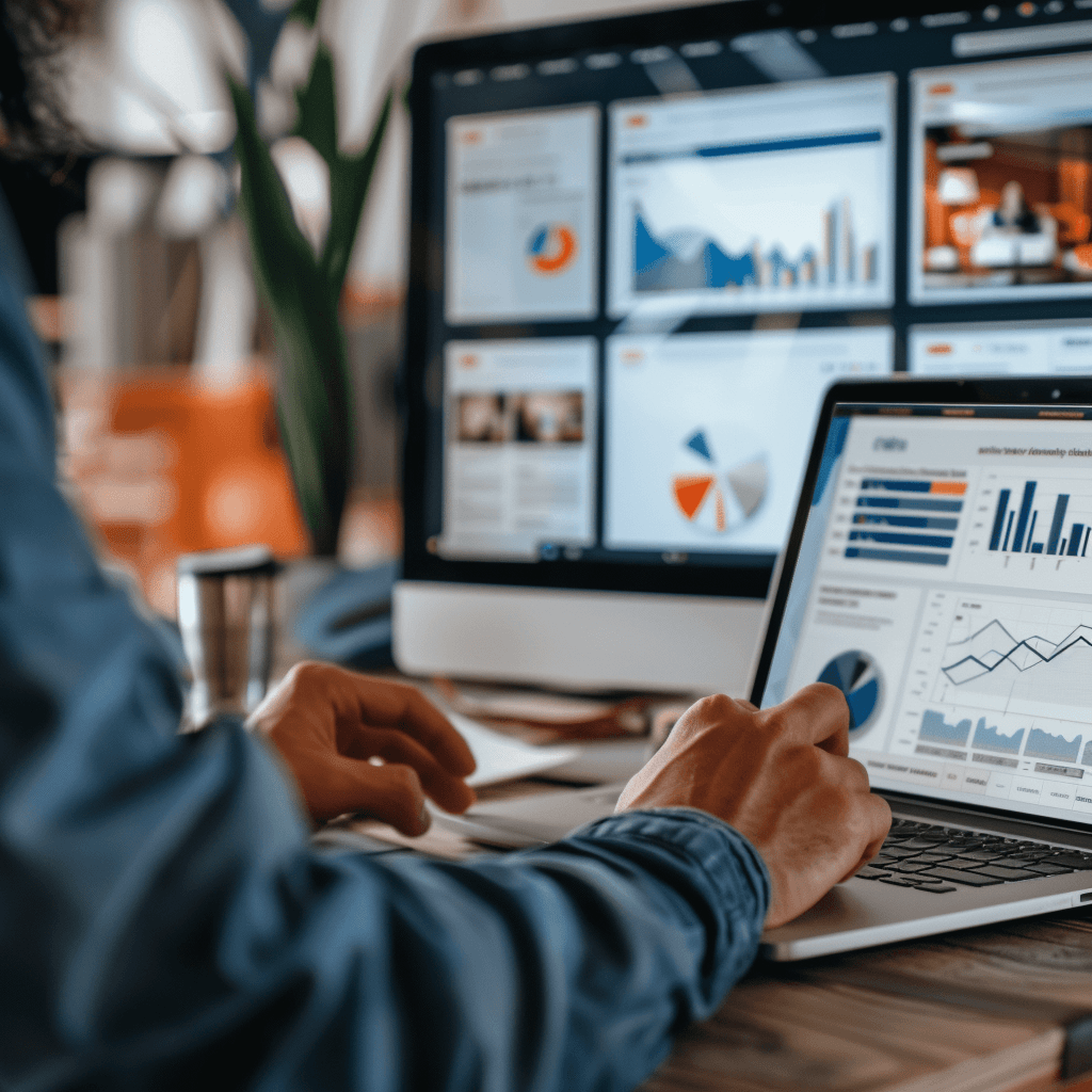 Person analyzing data charts on computer screens.