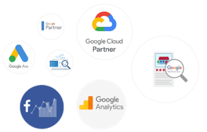 Logos of digital marketing and analytics platforms.