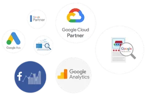Logos of digital marketing and analytics platforms.