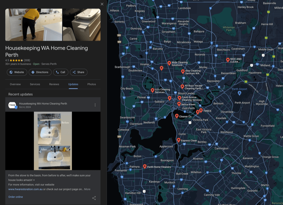 Map showing cleaning services in Perth, Australia.