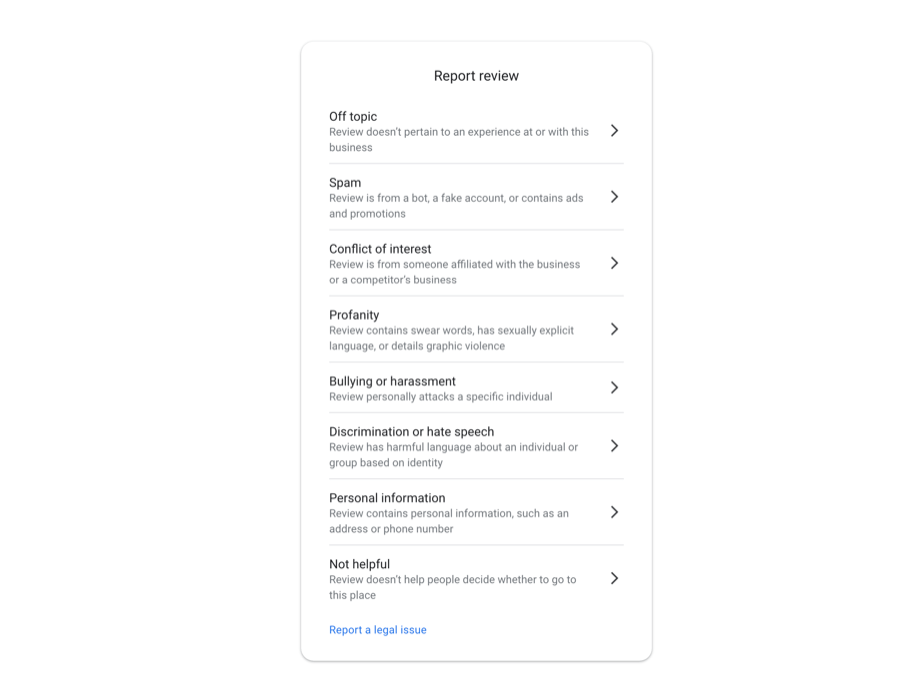 Options for reporting inappropriate reviews on a platform.