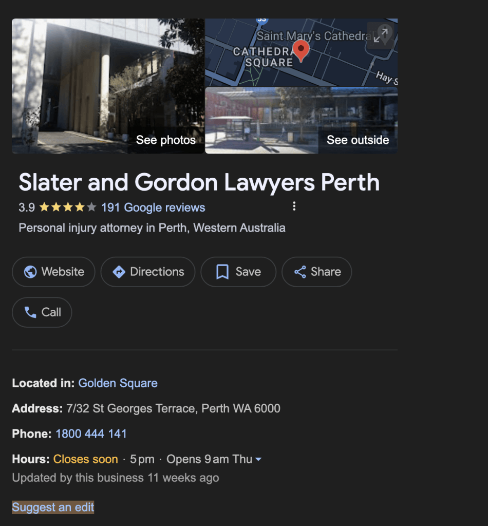 Perth law firm, Slater and Gordon, contact details.