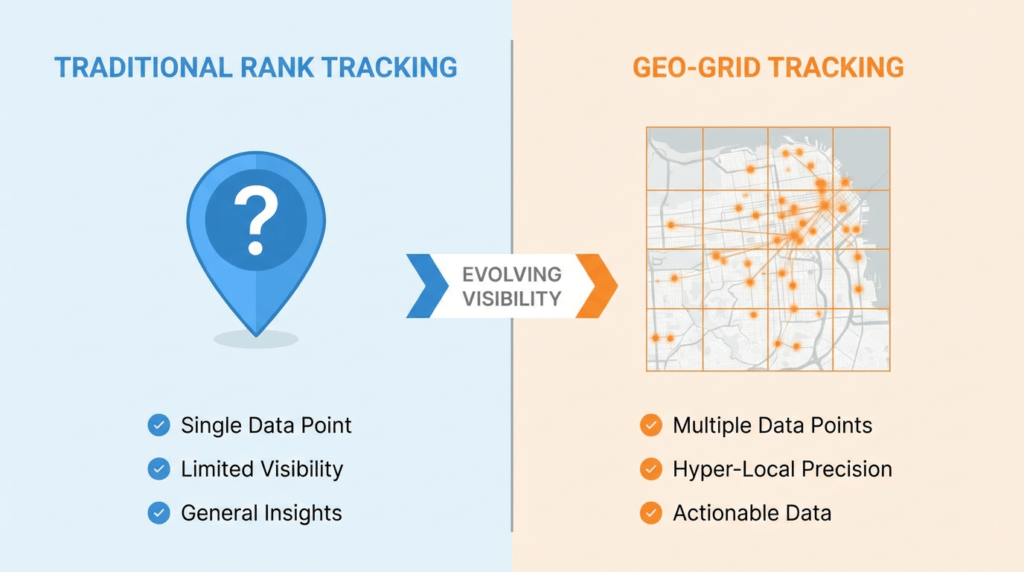 split comparison infographic showing traditional vs geo-grid rank tracking