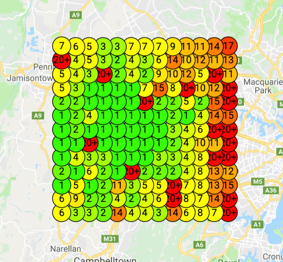 Sydney map with color-coded numbers