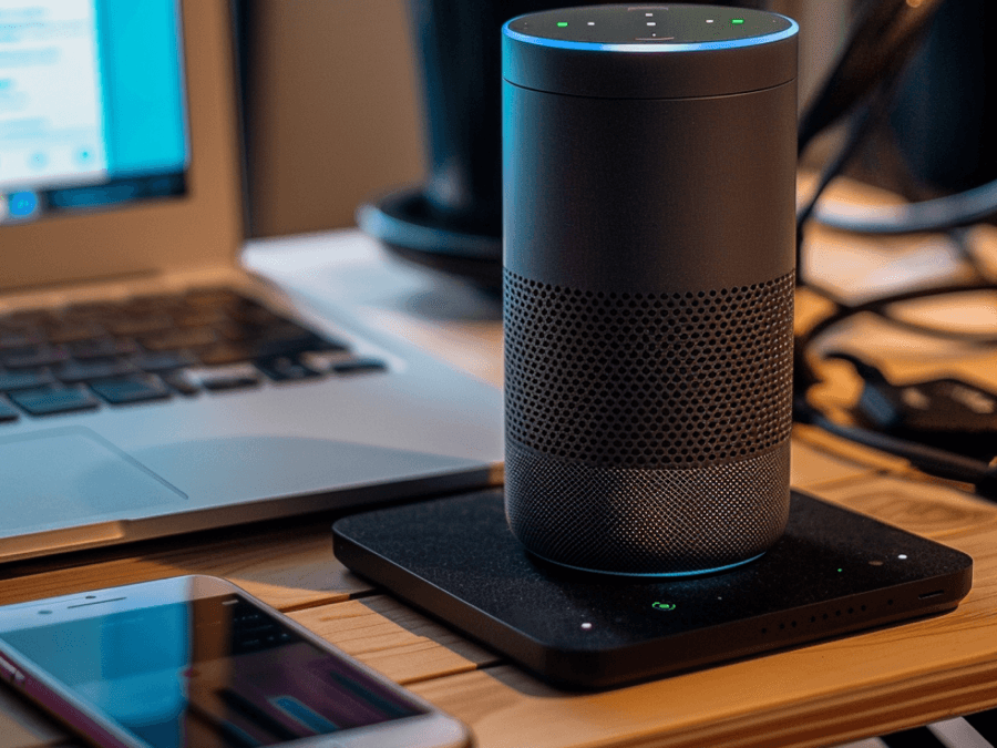 Smart speaker on desk with laptop and phone.