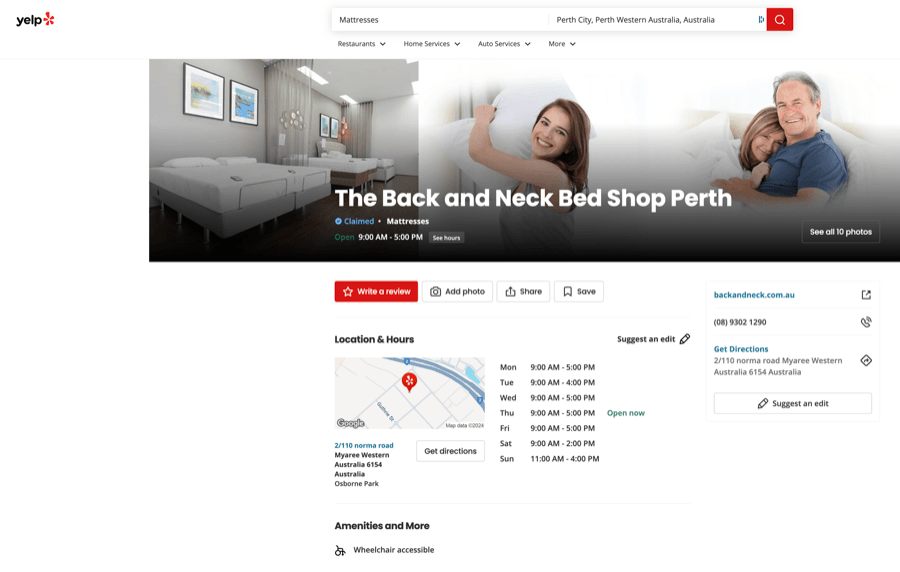 Back and Neck Bed Shop, interior and logo.