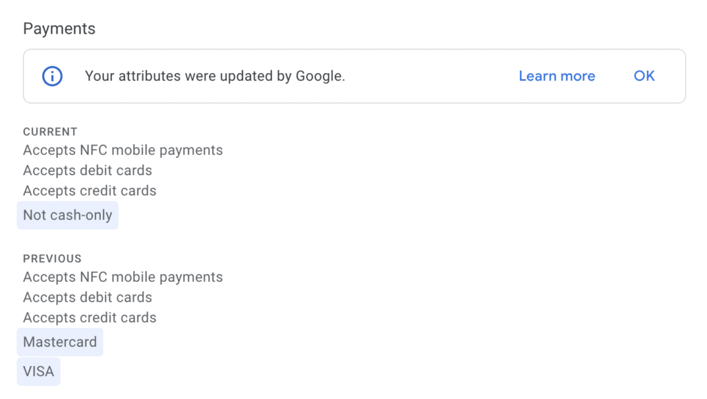 Screenshot showing updated payment options